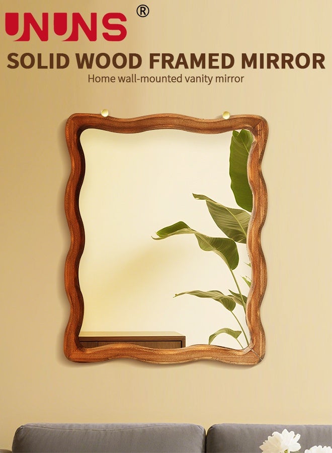 UNUNS Hanging Mirror Brown Wooden Framed Bathroom Mirror Rectangle Mirror with Wave Pattern Solid Wood Frame,Anti-Rust,Wall mirror for Living Room Bedroom Bathroom Home Decor（wave design） - Image 2